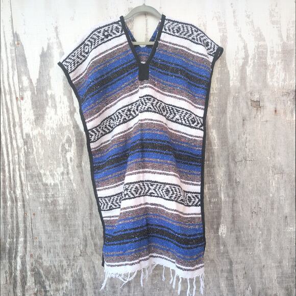 Mexican Baja Poncho Blue / White Adult One Size Hippie Festival Indie Earthy - Picture 1 of 7